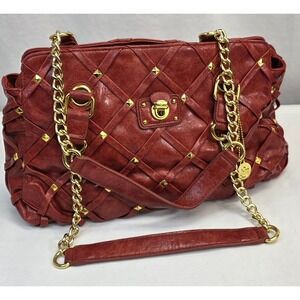 Red‎ Woven Leather Studded Satchel Bag Gold Chain Strap Handbag
